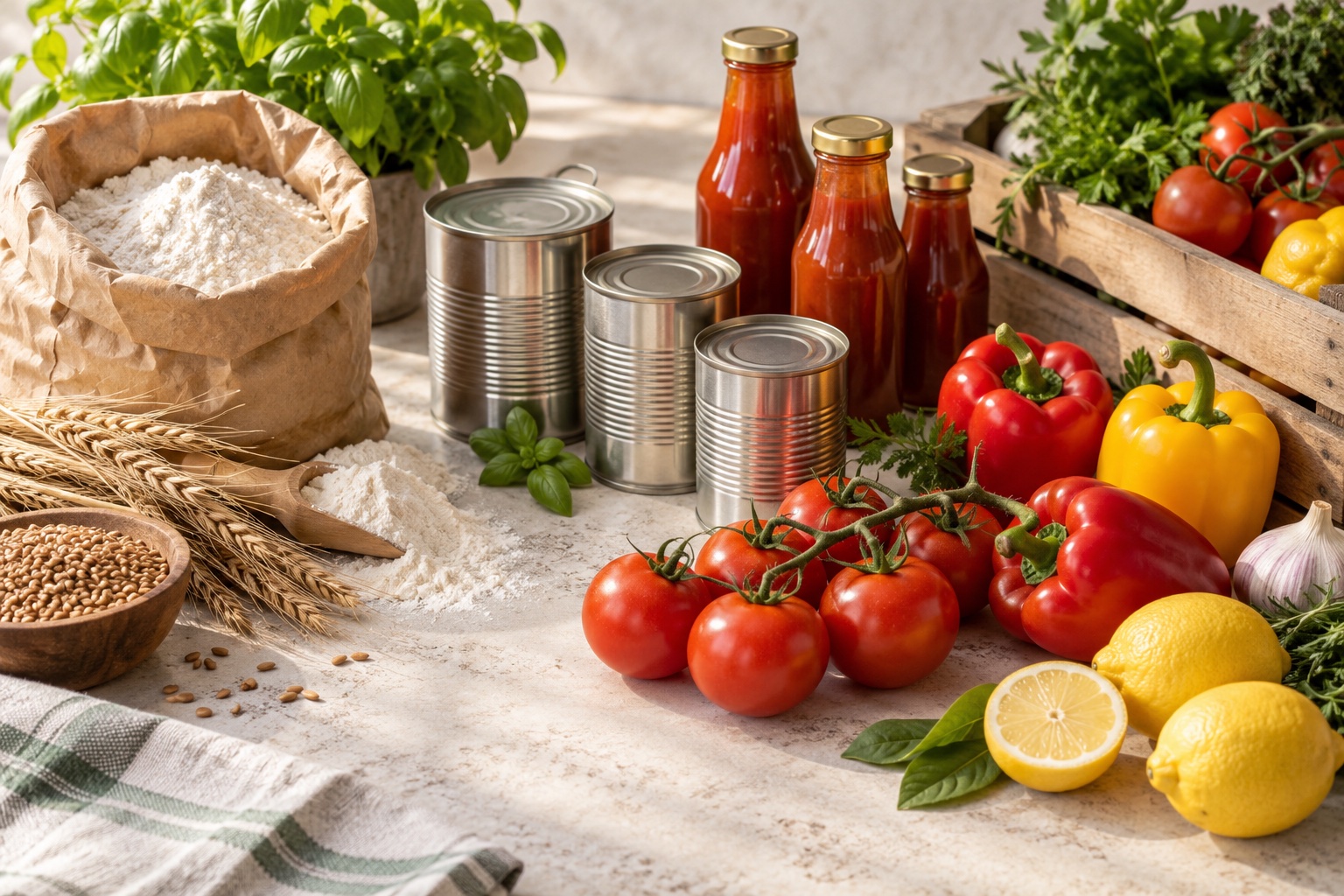 Fresh ingredients and plain packaging arranged on a stone counter.