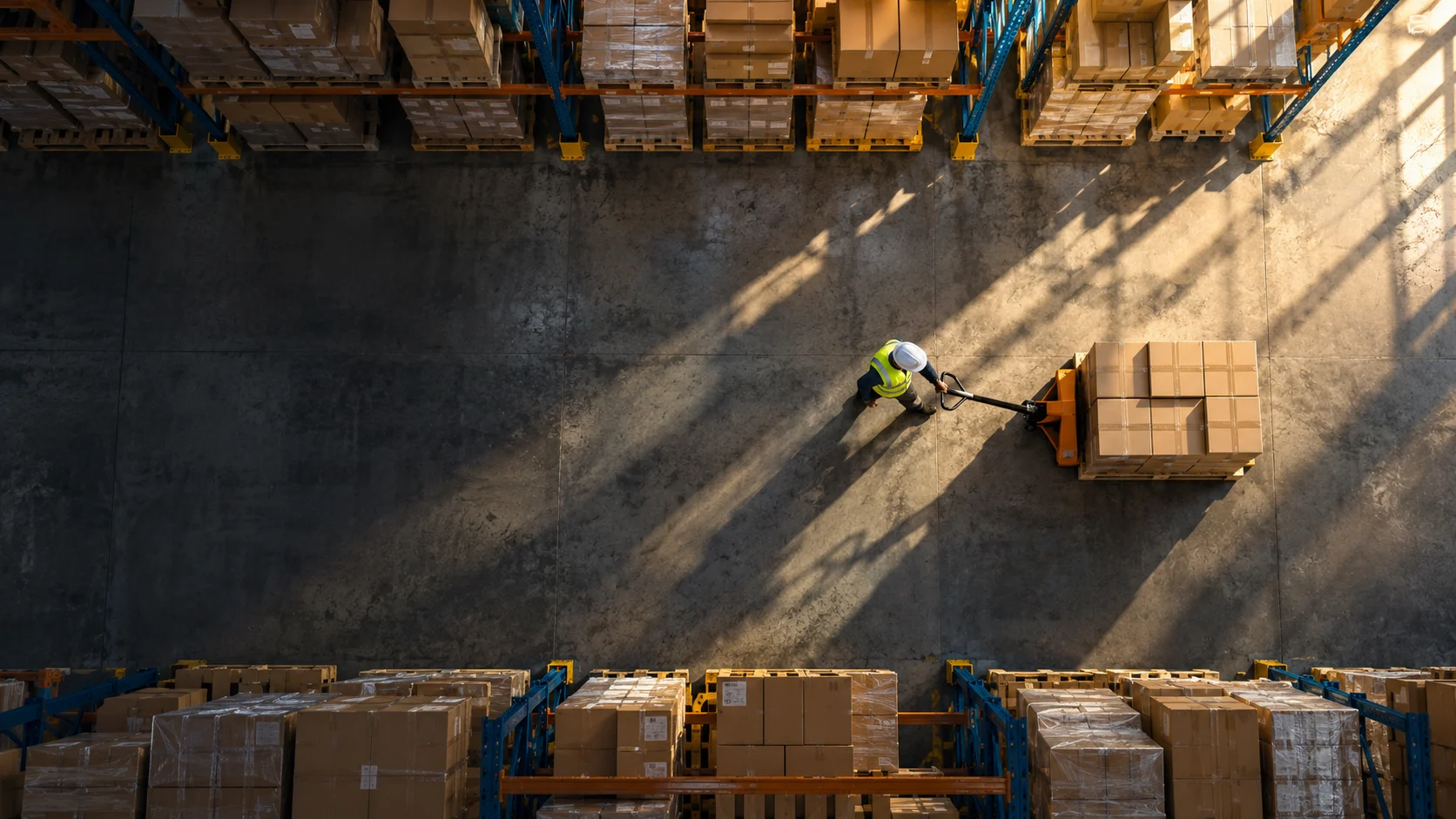 Overhead view of a warehouse worker moving cartons with a pallet jack in warm sunlight.