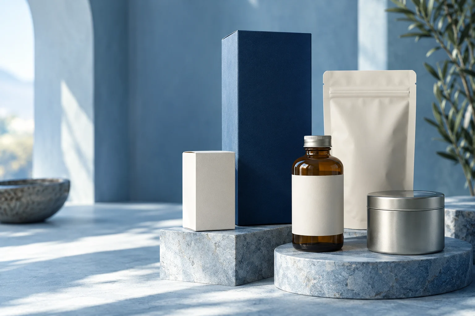 Unbranded cartons, a pouch, a bottle and a tin.