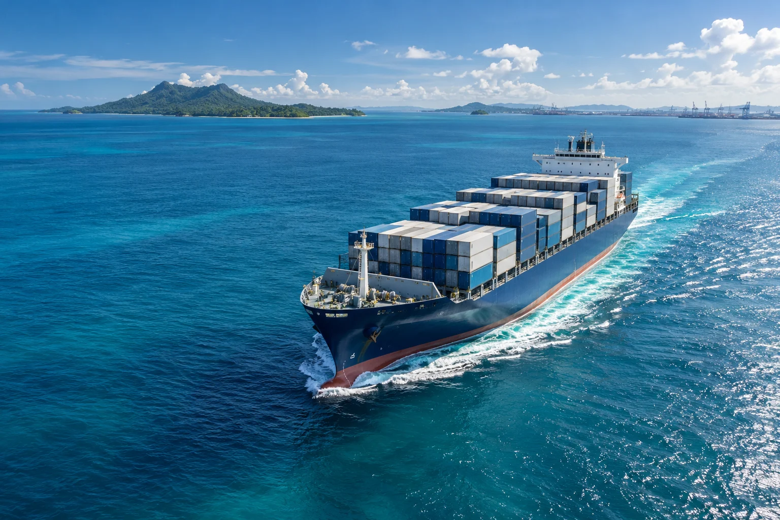 A container vessel under way across turquoise water toward a port
