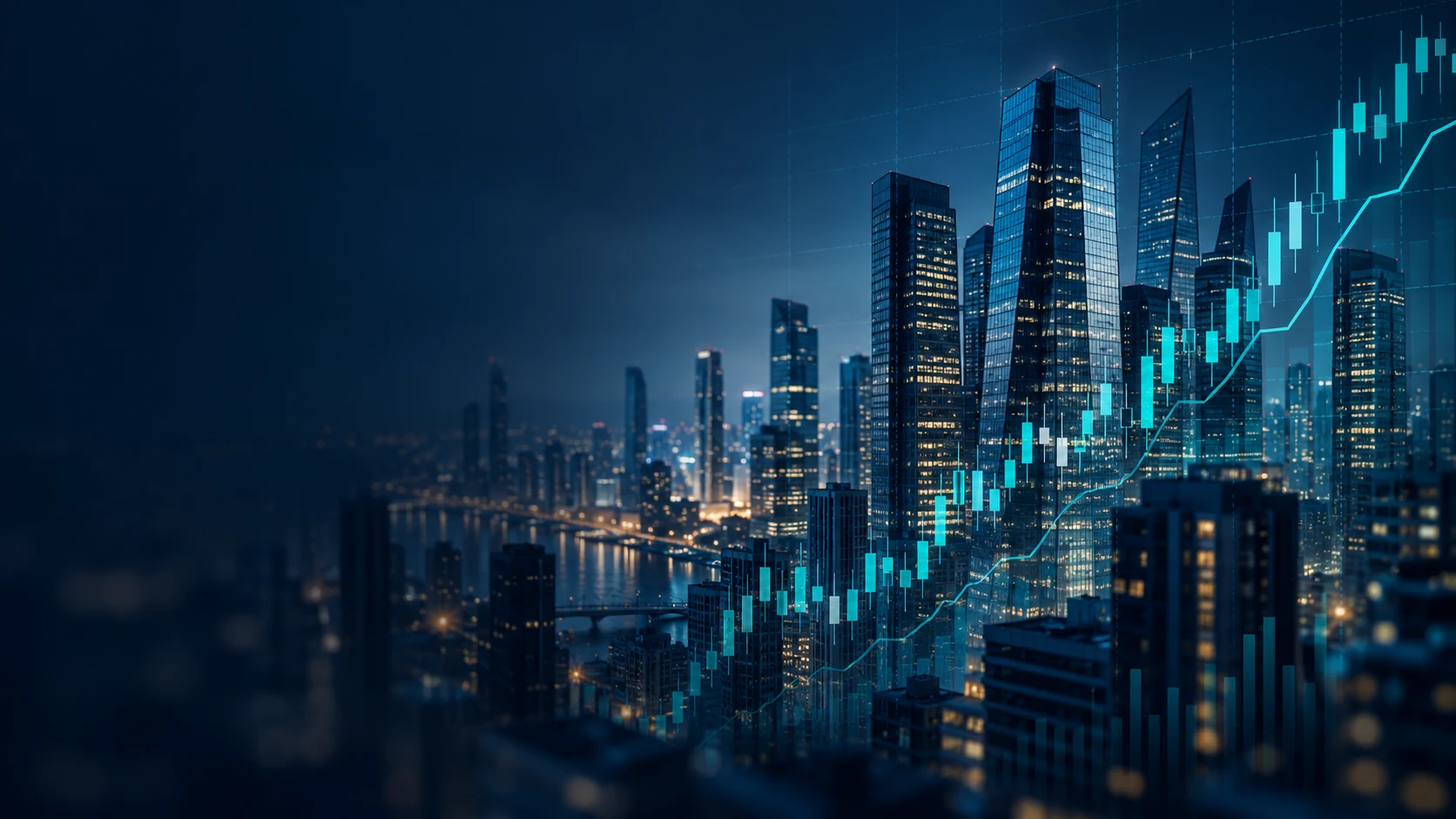Financial district skyline with teal market charts illustrating trade analysis.