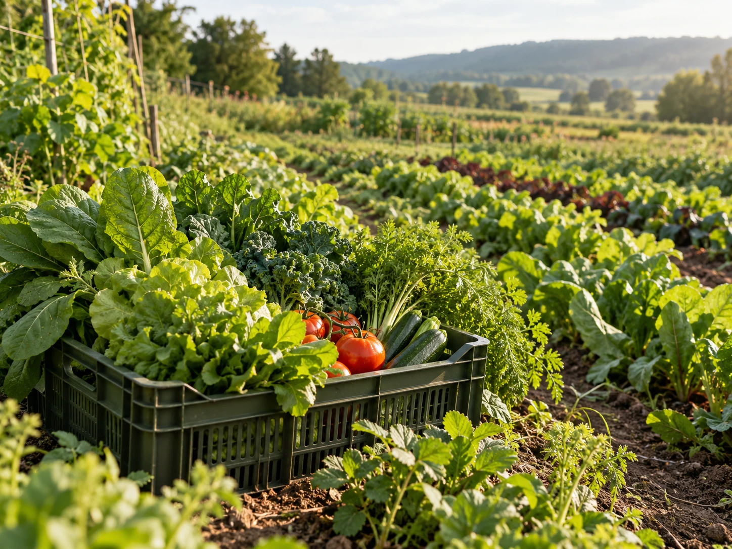 Freshly harvested vegetables in a reusable crate beside green crop rows